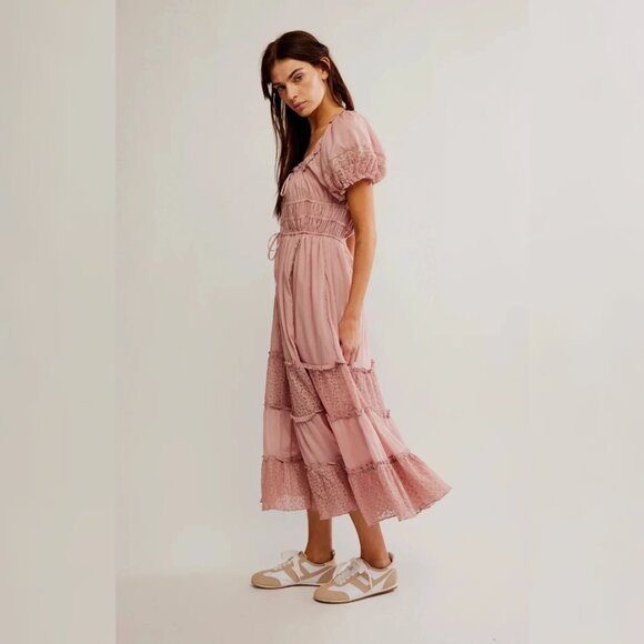Free People Falling Sun Midi Dress XS 2 Women Puff Sleeve Cotton Pink NEW 44594 - Picture 1 of 4